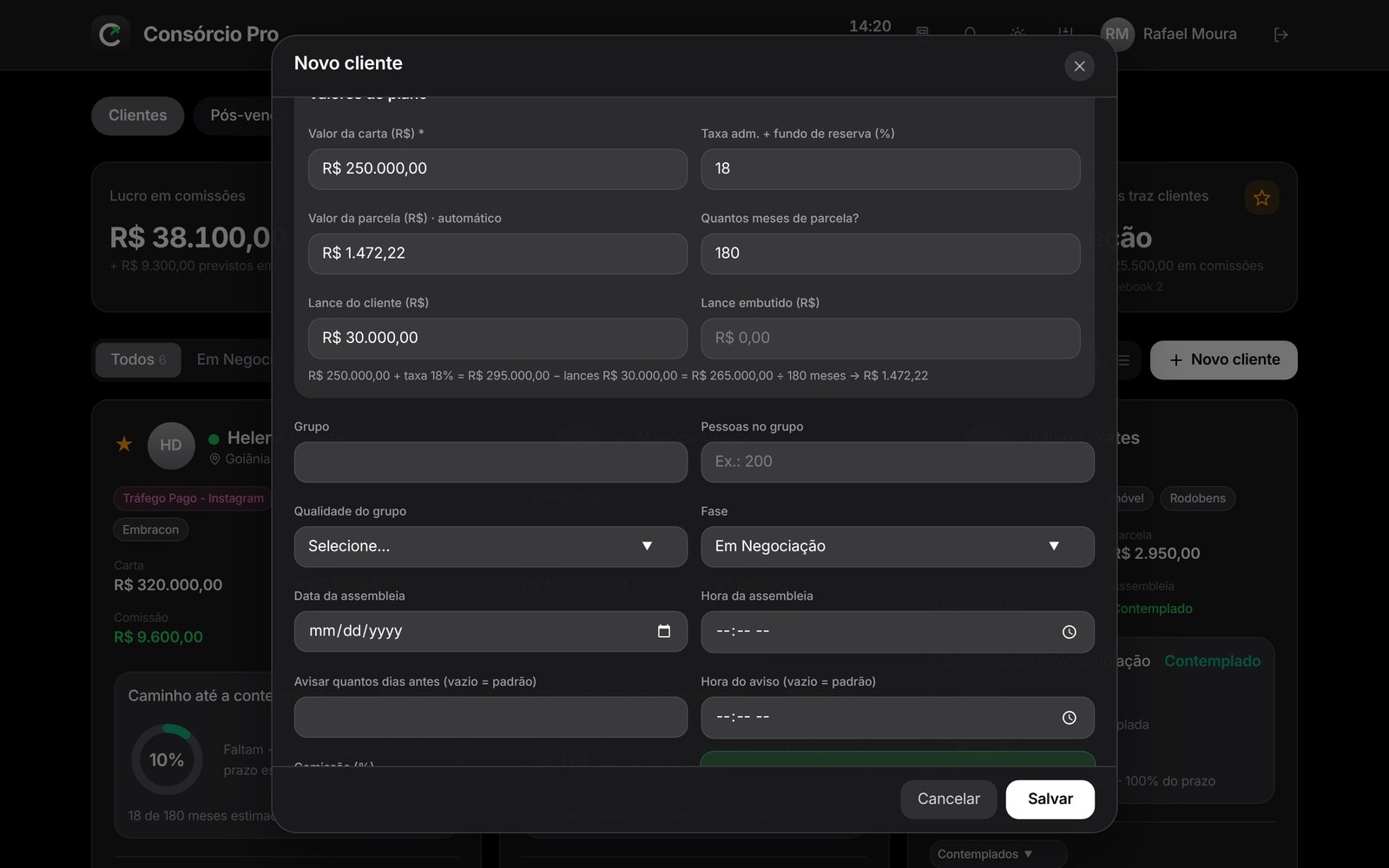 Ficha do cliente calculando a parcela a partir da carta, taxa, prazo e lance