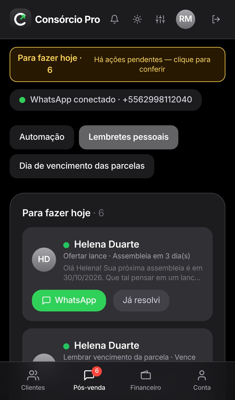 Lista de pós-venda no celular com as mensagens do dia